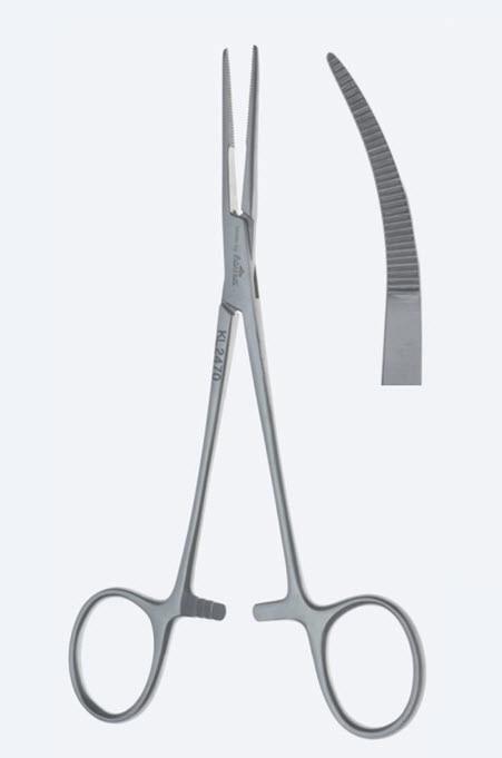 Зажими, гемостатичні, "Kelly-Rankin", делікатні, вигнуті, зубчаті щелепи, з кремальєрою, загальна довжина 160 мм. Бренд - Asanus Medizintechnik Gmb, Німеччина